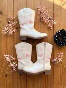 Glamorous Pearl White Iridescent Bow Embroidery Girls Western Boots Side Zip Warm Mid-Calf Winter Shoes For Kids Daily Party - White - View 5