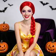 Bright Red Long Single‑Braid Synthetic Cosplay Wig For Women, Yellow Bow Hair Accessory Optional, Smooth Straight Braided Wig For Halloween Party Stage Fancy Dress & Anime Conventions - Multicolor - View 5