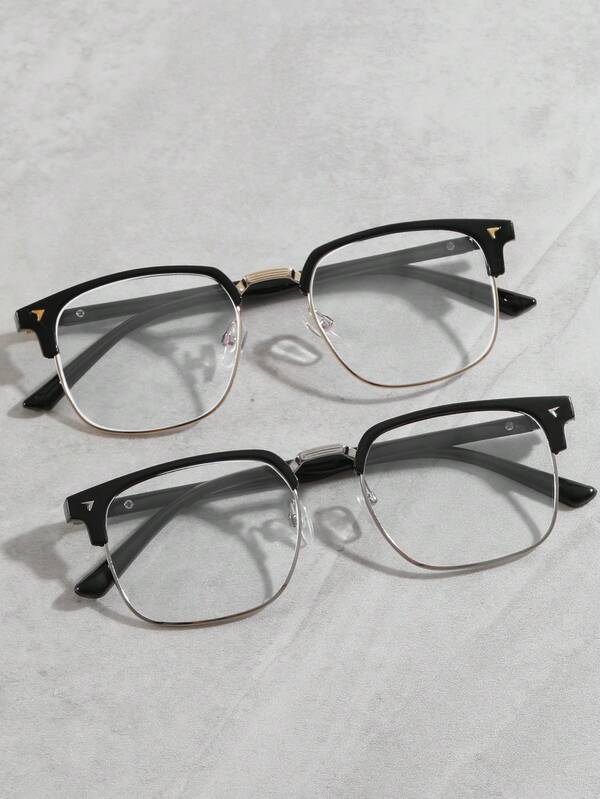 2 Pairs Men's Vintage Half-Frame Browline Glasses Set, Gold & Silver Dual-Tone Frames, Clear Non-Prescription Lenses, Business Casual Decorative Eyewear