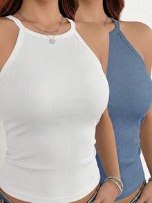 2pcs Women's Solid Color Halter Neck Sleeveless Basic Tank Tops, Regular Fit - Multicolor - View 1