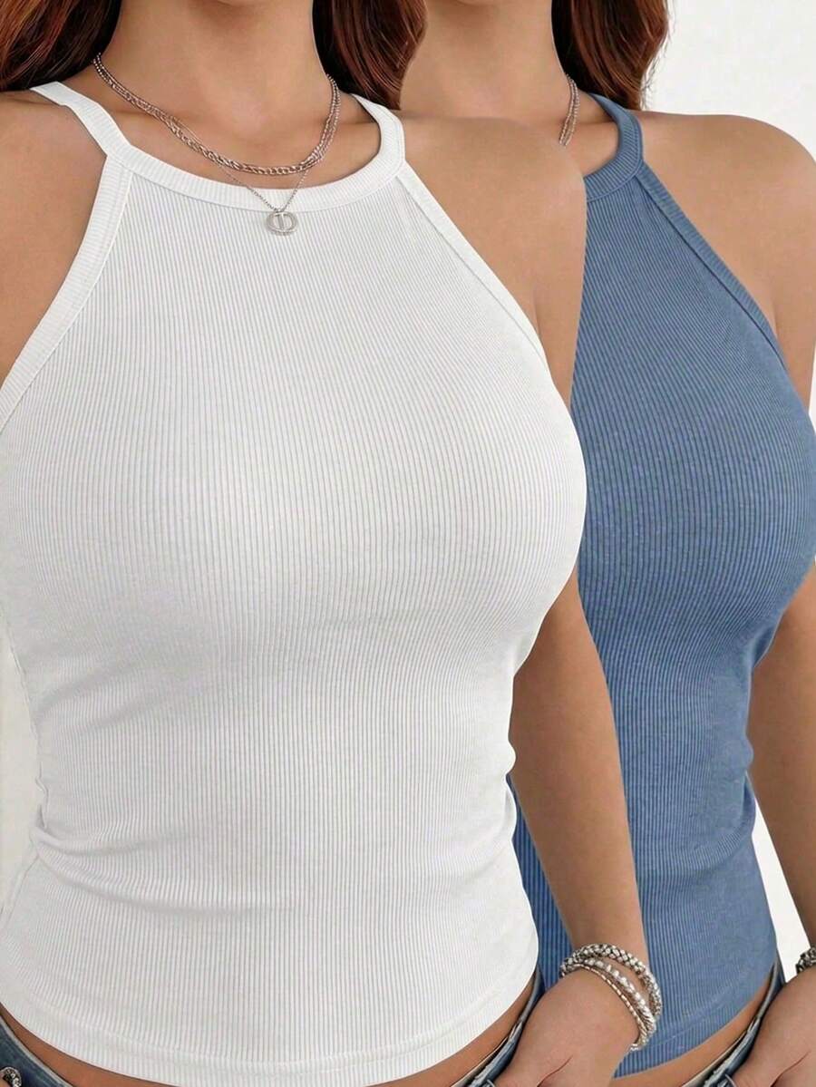 2pcs Women's Solid Color Halter Neck Sleeveless Basic Tank Tops, Regular Fit - Multicolor - View 1