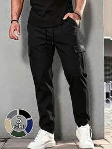 Men's Black Cargo Sweatpants, Dual Side 3D Cargo Pockets With Elastic Drawstring Waist Design, Loose Wide Leg Straight Fit Textured Fabric, Pocket With Small Label Accent. Versatile Casual Commute Sports Multi-Occasion Long Pants. Unisex - Black - View 3