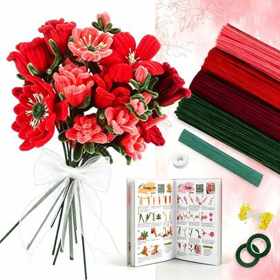 574Pcs DIY Chenille Stem Bouquet Kit,Pipe Cleaners,Flower Stamens,Stems,Tapes,Ribbon,Video.Beginner Friendly Craft Set For Gift Making, Home Party, Graduation, Teacher's Day, Father's Day, Valentine's Day, Housewarming Gift For Women Men Adults