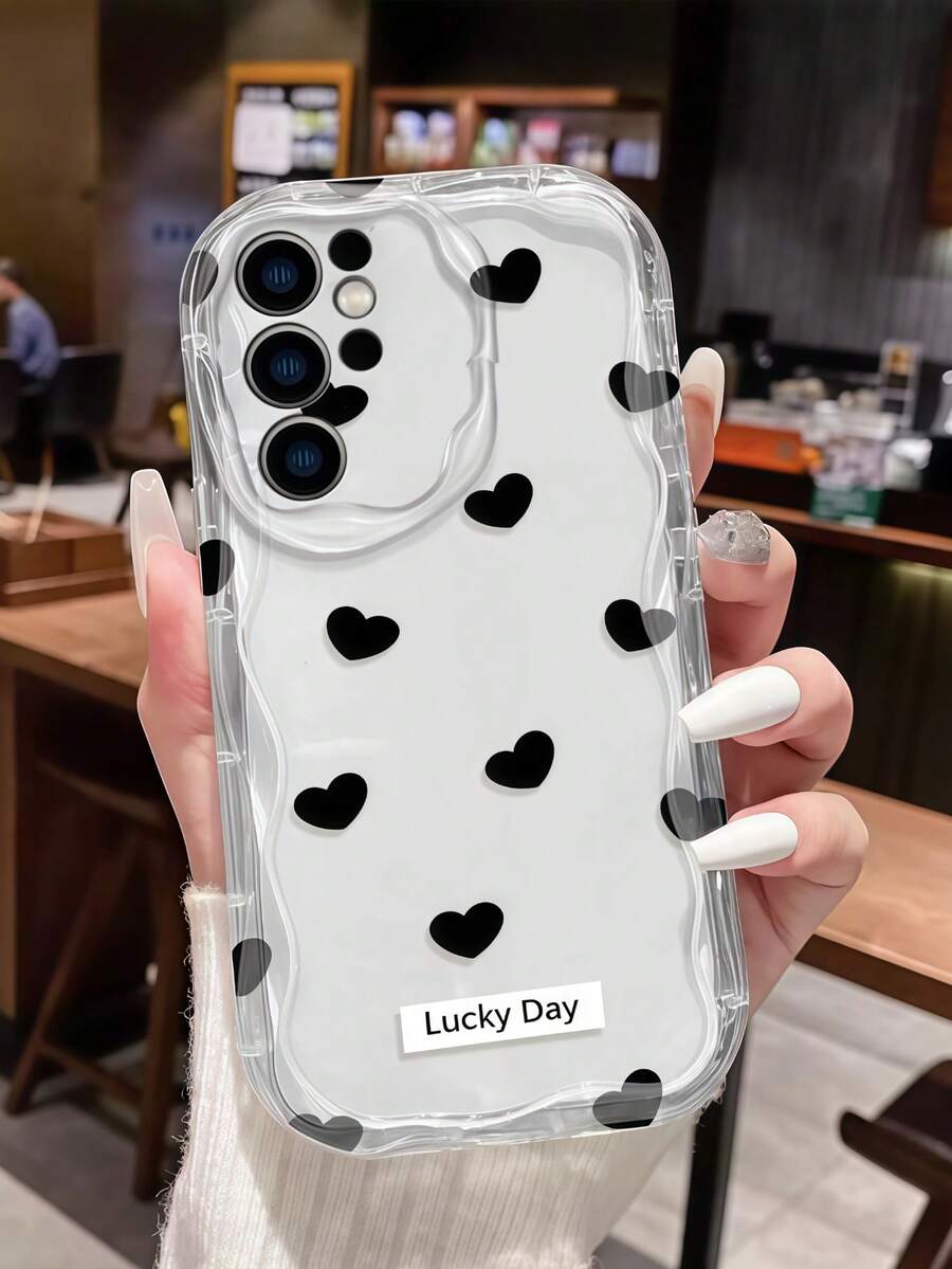 1件奶油色大波浪Ins風黑色愛心Lucky Day文字圖案手機殼,奶白色波浪紋理全包覆相機軟殼,適用於系列手機 - 無色 - 查看 1