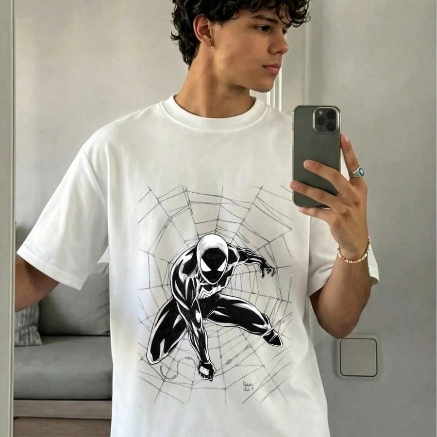 Office Friday Business Casual Unisex Low-Key Spider Tee Elegant Small Print Workplace Relax Outfit Top - 白色 - 查看 1