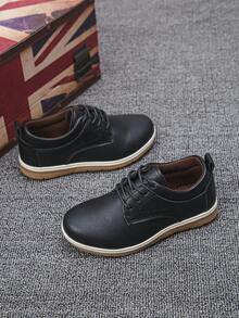 1 Pair All-Season British Style Unisex Kids Oxford PU Leather Shoes, Lace-Up Soft Sole Non-Slip, School Wedding Formal Comfortable Casual Flat Shoes - Black - View 4