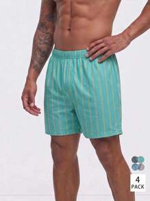 4pcs/Set Men's Striped & Printed Airy Shorts, Lightweight Breathable Casual Lounge Pajama Shorts, Elastic Waist, Multi-Color Combination Set, Summer - Multicolor - View 1
