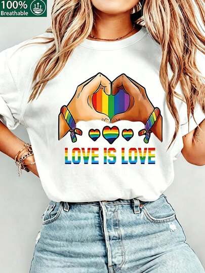 Love Is Love Pride Rainbow Hand Heart Print 100% Cotton Crew Neck T-Shirt, Casual Short Sleeve Tee, LGBTQ+ Pride Top For Women