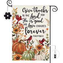 1pc Thank The Lord Garden Flag, Psalm 136:1 Bible Verse Cardinal Pumpkin Sunflower Autumn Design, Double-Sided Printed Linen Yard Flag, Thanksgiving Outdoor Decoration, Accessories Not Included - Garden Flag - View 1