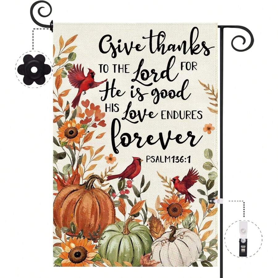 1pc Thank The Lord Garden Flag, Psalm 136:1 Bible Verse Cardinal Pumpkin Sunflower Autumn Design, Double-Sided Printed Linen Yard Flag, Thanksgiving Outdoor Decoration, Accessories Not Included - Garden Flag - View 1