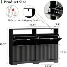 Shoe Storage Cabinet For Entryway With 4 Flip Drawers, Hidden Slim Wood Shoe Organizer With Modern Fluted Panel, Freestanding Narrow Shoe Rack For Front Door Entrance, Hallway, Foyer, Black - View 7