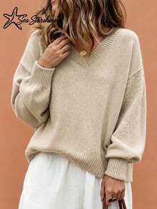 Sea Starshine Sweater Rajut Wanita Model Terbaru Musim Gugur/Dingin, Warna Polos, Leher V, Lengan Lentera, Sweater Pendek Longgar Lembut, Sweater Kasual Amerika untuk Berkomuter - Aprikot - View 4