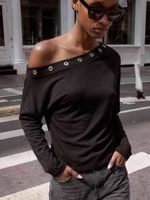 Maija Women's New Asymmetrical Asymmetric Neckline Eyelet Design Waist Drawstring Sweatshirt, Black Casual - Black - View 1