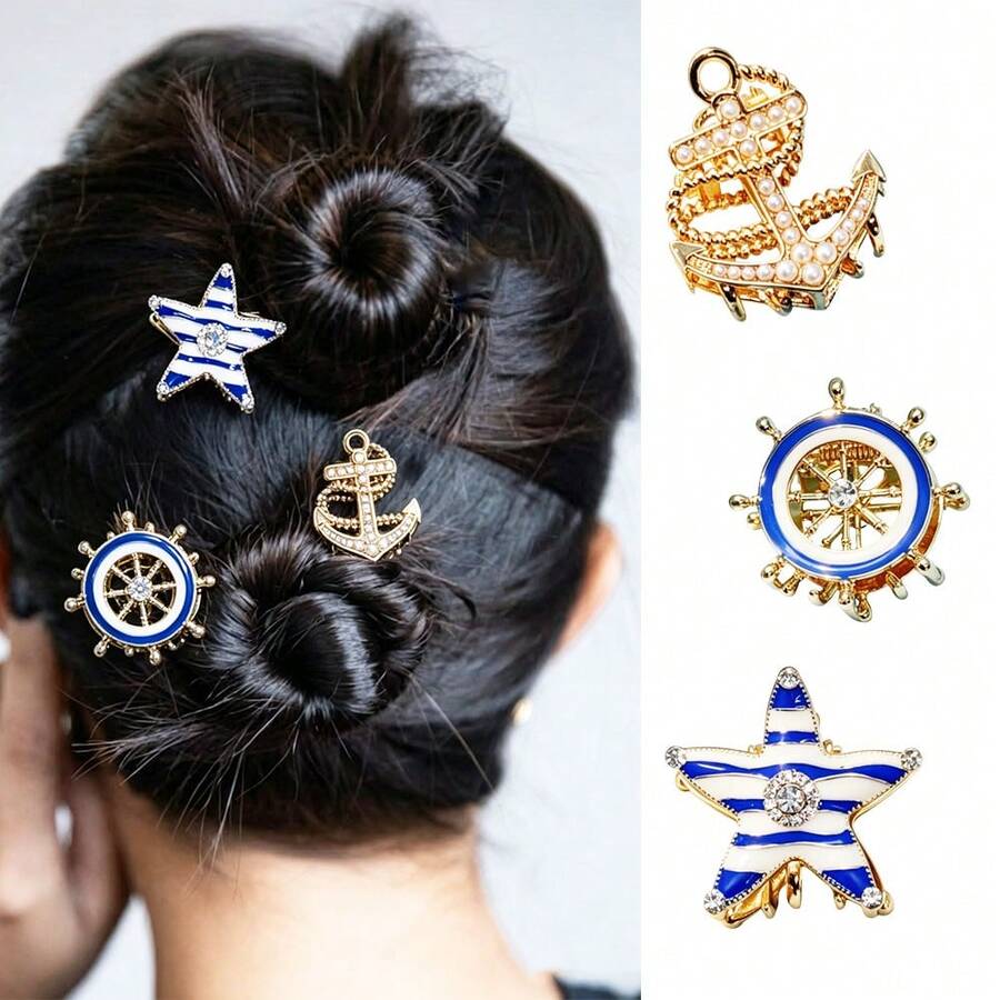 3件組可愛海洋系列琺瑯金屬髮夾，卡通水鑽海星與錨系列，色彩濃郁均勻，鑲嵌精緻水鑽，百搭甜美髮飾，適合學生、日常通勤、約會、海邊度假，3D細膩設計 - 船錨套裝 - 查看 1