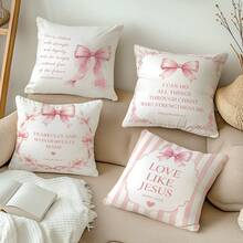 MEMNUN 4pcs Pink Bow Bible Verse Printed Pattern Decorative Cushion Cover [Pillow Insert Not Included], 40*40cm/45*45cm/50*50cm, [Single-Sided Print] Made Of Polyester Material Striped Wreath Bow Bible Quote Cushion Cover Room Decor, Home Decor, Bedroom Decor, Room Decoration Stuff For Sofa, Bed, Living Room, Bedroom, Car, Office, Hotel Decoration Throw Pillow Covers All Seasons Perfect Gift For Family And Friends - Multicolor - View 2
