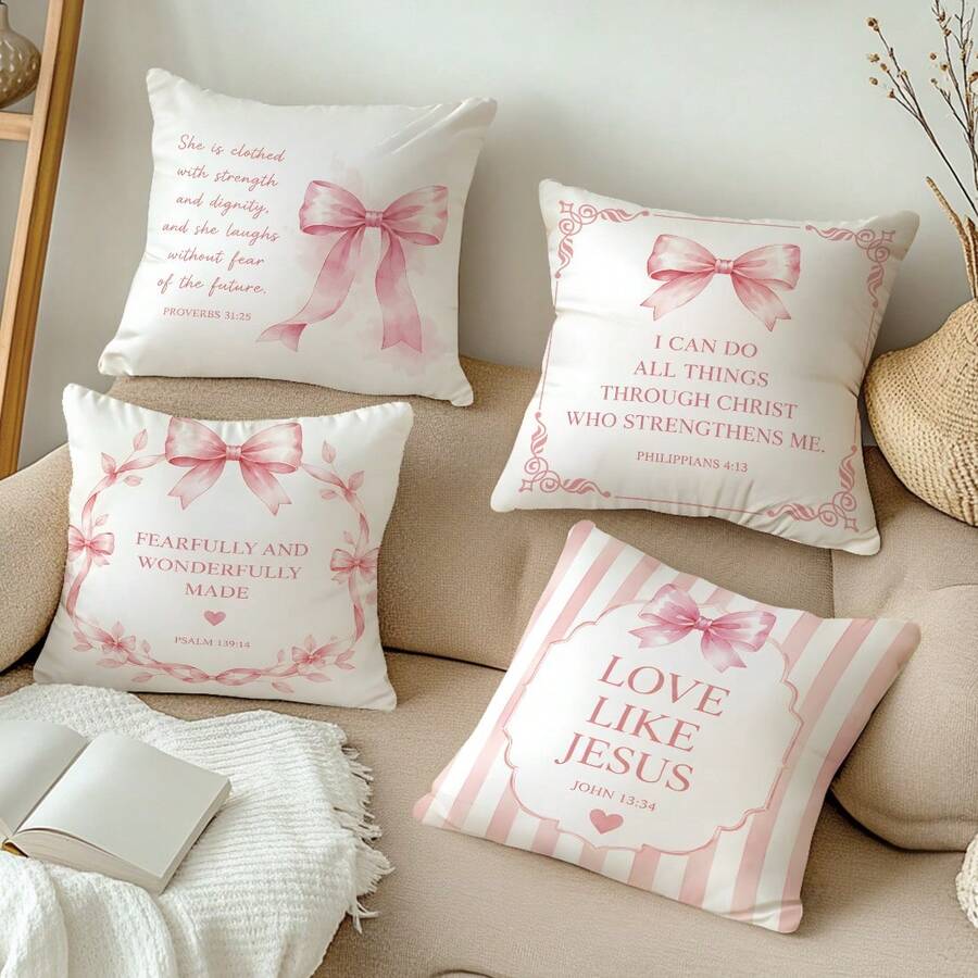MEMNUN 4pcs Pink Bow Bible Verse Printed Pattern Decorative Cushion Cover [Pillow Insert Not Included], 40*40cm/45*45cm/50*50cm, [Single-Sided Print] Made Of Polyester Material Striped Wreath Bow Bible Quote Cushion Cover Room Decor, Home Decor, Bedroom Decor, Room Decoration Stuff For Sofa, Bed, Living Room, Bedroom, Car, Office, Hotel Decoration Throw Pillow Covers All Seasons Perfect Gift For Family And Friends