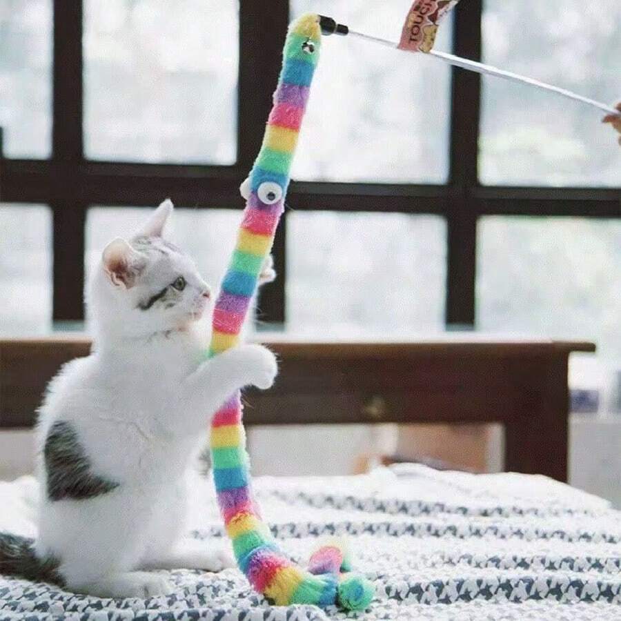 1个彩色毛绒毛毛虫猫玩具 - 有趣的互动逗猫棒，耐刮耐用，无需电池