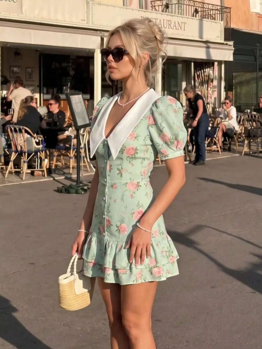 女士时尚休闲少女风翻领前襟纽扣后背扎染印花连衣裙,绿色西部风女装,波西米亚风,音乐节度假仙女风连衣裙,适合演唱会穿着 - 綠色 - 查看 1