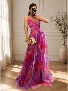 Damen Blumen Maxi Kleid V-Ausschnitt ärmellos Cut Out Taille Abend Party Kleid elegant böhmisch langes Kleid für Hochzeitsgast Urlaub - Verschiedenfarbig - Übersicht 3