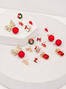 1 Set 9 Pairs Christmas Tree Bow Tie Snowman Reindeer Earrings Set For Women, Suitable For Christmas Party - Multicolor - View 4