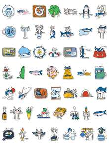 50pcs Original Hand-Drawn Cartoon Crayon Cat & Fish Creative Cute Adorable DIY Storage Box & Planner Decorative Stickers - Multicolor - View 4
