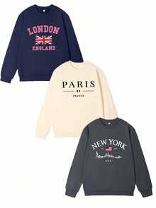 3pcs - Sweatshirt Kasual Wanita Terbaru dengan Kerah Bulat dan Hem Rajut Bergaris, Menampilkan Desain Cetak Gaya Kampus, Memancarkan Energi Muda. - MultiWarna - View 9