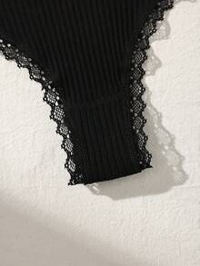 5pcs Black & White Bow Ribbed Cotton Women's Thong Panties - Black and White - View 7