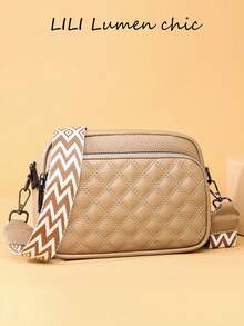 Solid Color Rhombus Quilted Small Square Shoulder Bag With Layered Inner Pockets, Zipper Closure, Versatile Crossbody Bag For Daily Commute, Work, Campus, Shopping, Travel And Outings - Khaki - View 10