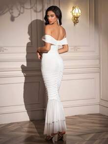 PARTHEA Women Elegant Off‑Shoulder Mermaid Party Dress, Ruched Layered Ruffle Hem White Bodycon Long Dress - White - View 2