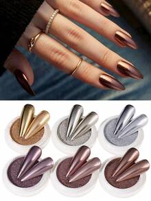 6 Caixas de Pó Metálico Espelhado para Unhas, Pó de Glitter para Outono e Inverno, Pigmento para Unhas Dourado, Champanhe, Marrom e Prata, Decoração de Manicure, Pó Espelhado Mágico Fino, Acessórios para Unhas para Mulheres&Meninas, Salão DIY - Multicolorido - Visão 2
