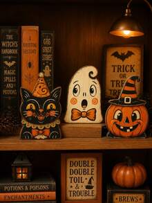 3pcs/1pc Vintage Wooden Halloween Tiered Tray Decor, Ghost Cat Pumpkin Desktop Ornament, Distressed Spooky Farmhouse Style Fireplace Window Sill Indoor Autumn Holiday Decoration - Multi-color - View 5