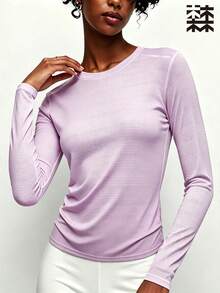 mulinsen Women's Long Sleeve Sports Top, Round Neck Printed Slim Fit Breathable, Suitable For Gym, Running And Daily Outdoor - Purple - View 4