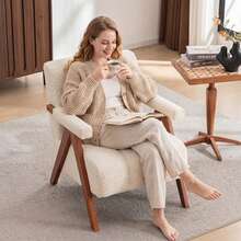 Bouclé Armchair With Wooden Frame, Beige Color - 米色 - 查看 4