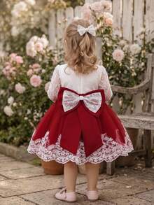Baby Girls Lace Long Sleeve Mesh Bow Gorgeous Princess Flower Girl Dress, Suitable For Wedding Party, Headband Not Included - Burgundy - View 1