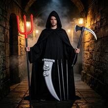 Adult Halloween Grim Reaper Costume Set, Black Hooded Cloak, Party Masquerade Role Play Decoration Props Set - Multicolor - View 6