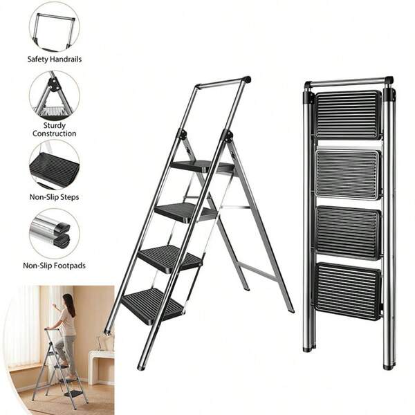 Vandise Folding 4-Step Ladder Made Of Sturdy Steel - Household Ladder Up To 150 Kg With Wide, Non-Slip Steps & Bar | Compact Step Ladder & Folding Step Ladder For A Home