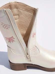 Glamorous Pearl White Iridescent Bow Embroidery Girls Western Boots Side Zip Warm Mid-Calf Winter Shoes For Kids Daily Party - White - View 8