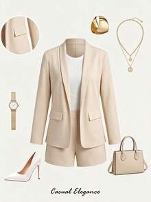 AIJ Setelan Wanita Musim Gugur yang Elegan Termasuk Blazer & Celana Pendek, Dengan Kerah, Lengan Reguler, Saku Praktis, Terbuat dari Bahan Elastis Sedang untuk Pakaian Pesta dan Kerja - Aprikot - View 3