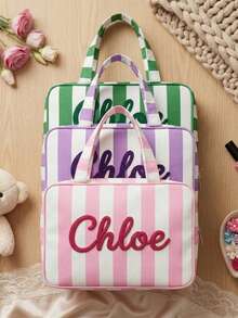 1pc Personalized Striped Makeup Bag, Customized Name Cosmetic Storage Bag, Large Capacity Travel Toiletry Bag With Handle And Hook, Portable Women's Wash Bag - Multicolor - View 4
