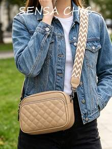 Solid Color Rhombus Quilted Small Square Shoulder Bag With Layered Inner Pockets, Zipper Closure, Versatile Crossbody Bag For Daily Commute, Work, Campus, Shopping, Travel And Outings - Khaki - View 9