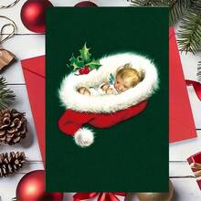 1 Greeting Card + 1 Envelope Adorable Christmas Greeting Card, Sleeping Figure In Hat With Holly Text Season Greetings, Perfect For Friends, Winter Holiday Vintage Style Card. - Yellow Envelope - View 4