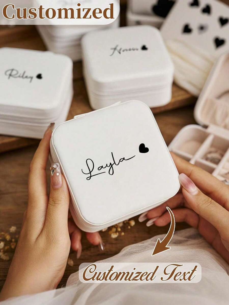 Personalized Name Jewelry Box, Customized Rectangular Fabric Lined Travel Storage Box, Zipper Closure Cufflinks Compartment, Bridesmaid Gift Box - White - View 1
