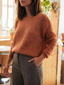 2026 Autumn/Winter New Women's Round Neck Ribbed Backless Double-Sided Single-Breasted Long Sleeve Loose Knit Cardigan, Vintage French Slouchy - Brown - View 3