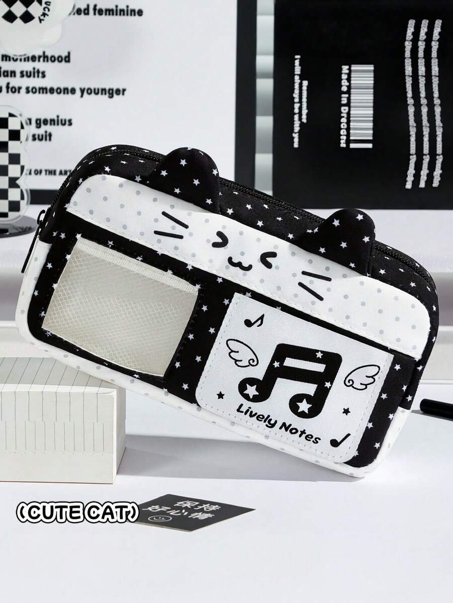 1pc Double‑Star Music Note Cat Ear Ita Pencil Pouch, Aesthetic Clear Window Pen Bag, Large Capacity Student Stationery Pouch, Ideal For Student Daily Use, Collection Display, Stationery Gift - Multi Colors - View 1