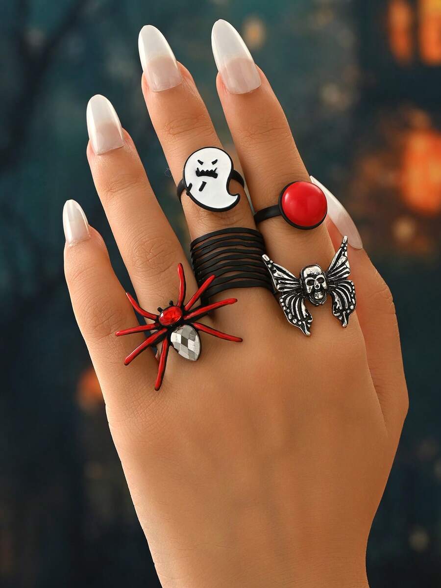 5pcs Halloween Dark Style Funny Ghost Skeleton Red Bead Rings Set, Women's Holiday Celebration Party Ball Ring Set - Multicolor - View 1