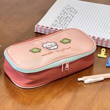 Japanese Style Fresh Cat Embroidery Pencil Case, Light Green And Soft Pink Dual Color Options, Cat And Clover Embroidery With Contrast Color, Soft And Healing. Large Capacity Multi-Compartment Design, Can Store Stationery, Cosmetics And Cards/Cameras, Dual Zipper Opening Convenient, Durable And Wear-Resistant Fabric, Suitable For Student Learning, Daily Makeup And More, Fresh And Practical Good Item. - Single Piece - View 6