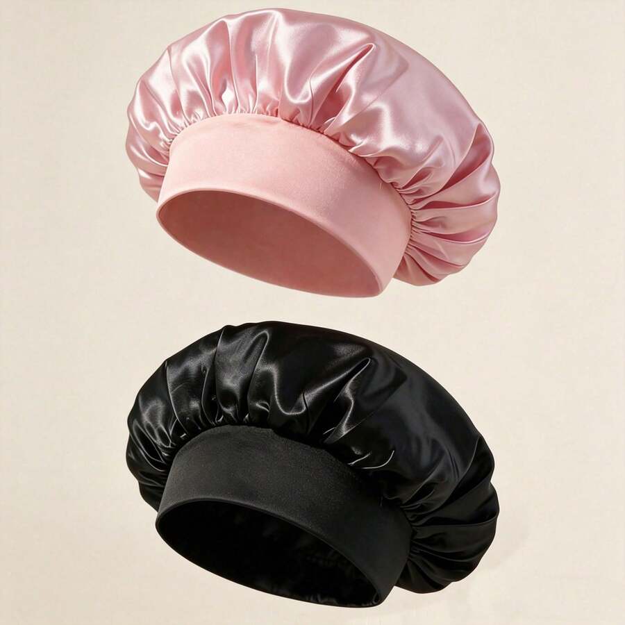 1/2pcs Women's Sleep Cap, Satin Headband, High Elastic Chiffon Sleep Bonnet, Premium Satin Hair Care Cap, Curly Hair Silk Headband - Black - View 1