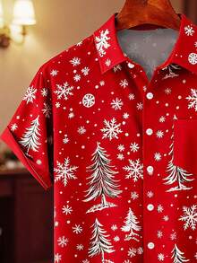 Christmas Holiday Print Round Ball Pattern Plus Size Men's Short Sleeve Shirt - Red - View 5