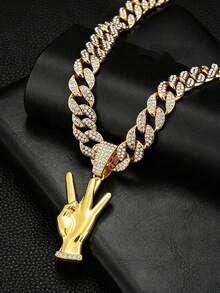 Victory Hand Gesture Rhinestone Pendant Cuban Necklace, Personalized Palm Charm, American Hip-Hop Street Style Gold/Silver Color Couple Matching Accessory - Gesture Pendant Necklace - View 6
