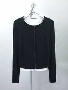 Women's American Unique Zipper Design Jacket, Korean Style Hot Girl Slimming 2 In 1 Top, Autumn - Black - View 9